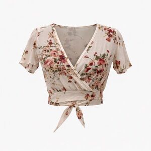 Como Black Floral Wrap Crop Top XS Cottagecore Coquette Tie Back Blouse